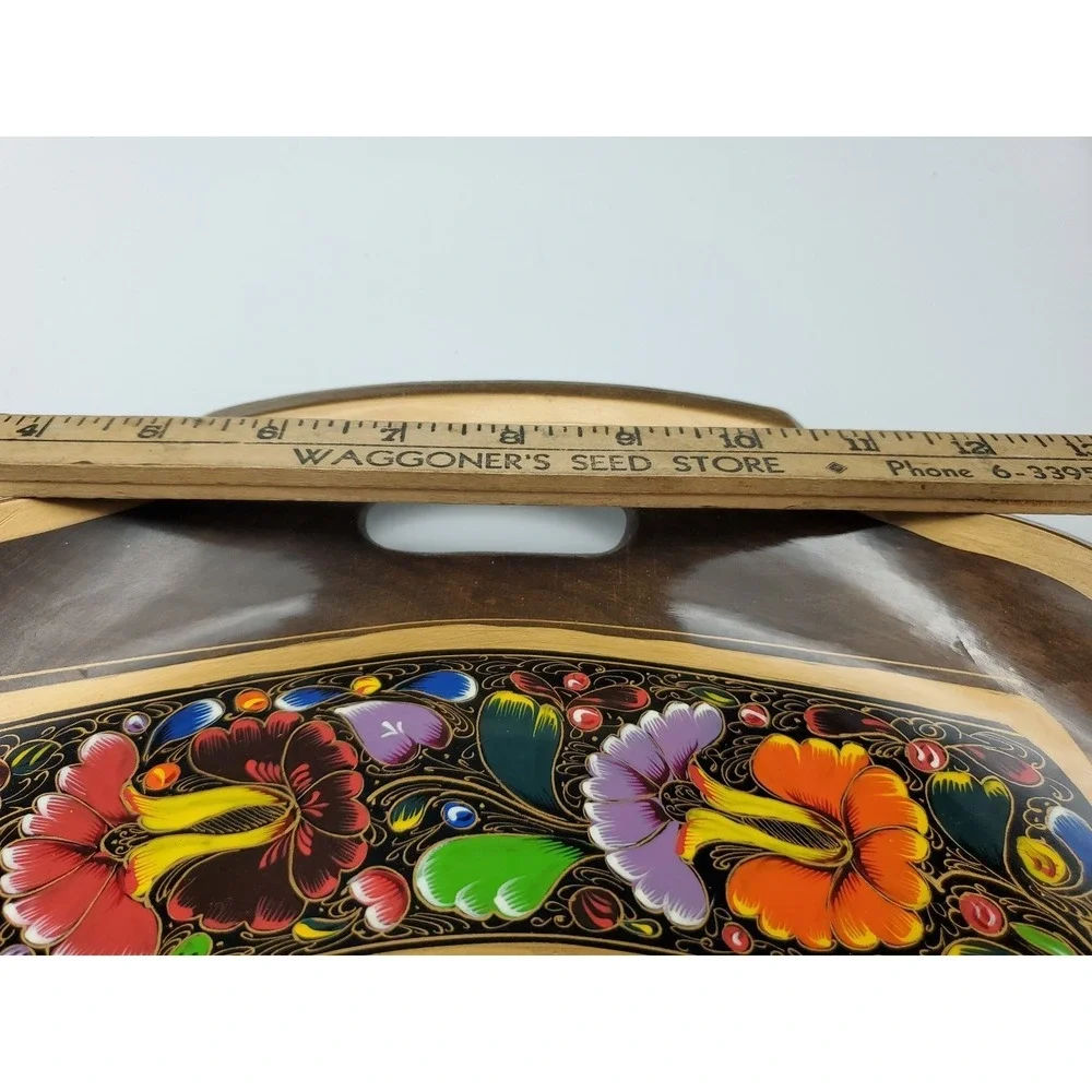 Vtg Mexico Batea Wood Hang Decor Serving Tray Handles Handpainted Bright Flowers